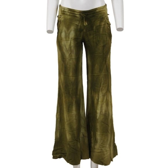 Balmain Womens Wide Leg Sweatpants 36 Olive Green Viscose Trousers Bell Bottom